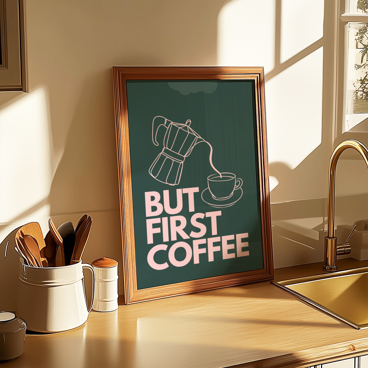 But First Coffee Print (Dark Green and Pink)