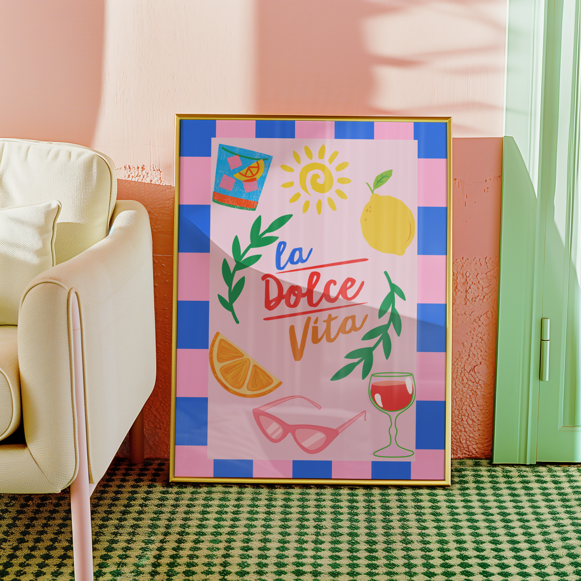 Indulge in the essence of sweet life with this colourful digital wall art piece titled 'La Dolce Vita'. It showcases a perfect blend of sunshine, citrus fruits, olive leaves, pink sunglasses, red wine and gin and tonic, bringing the charm and tranquility of a summer holiday in Italy right to your home.