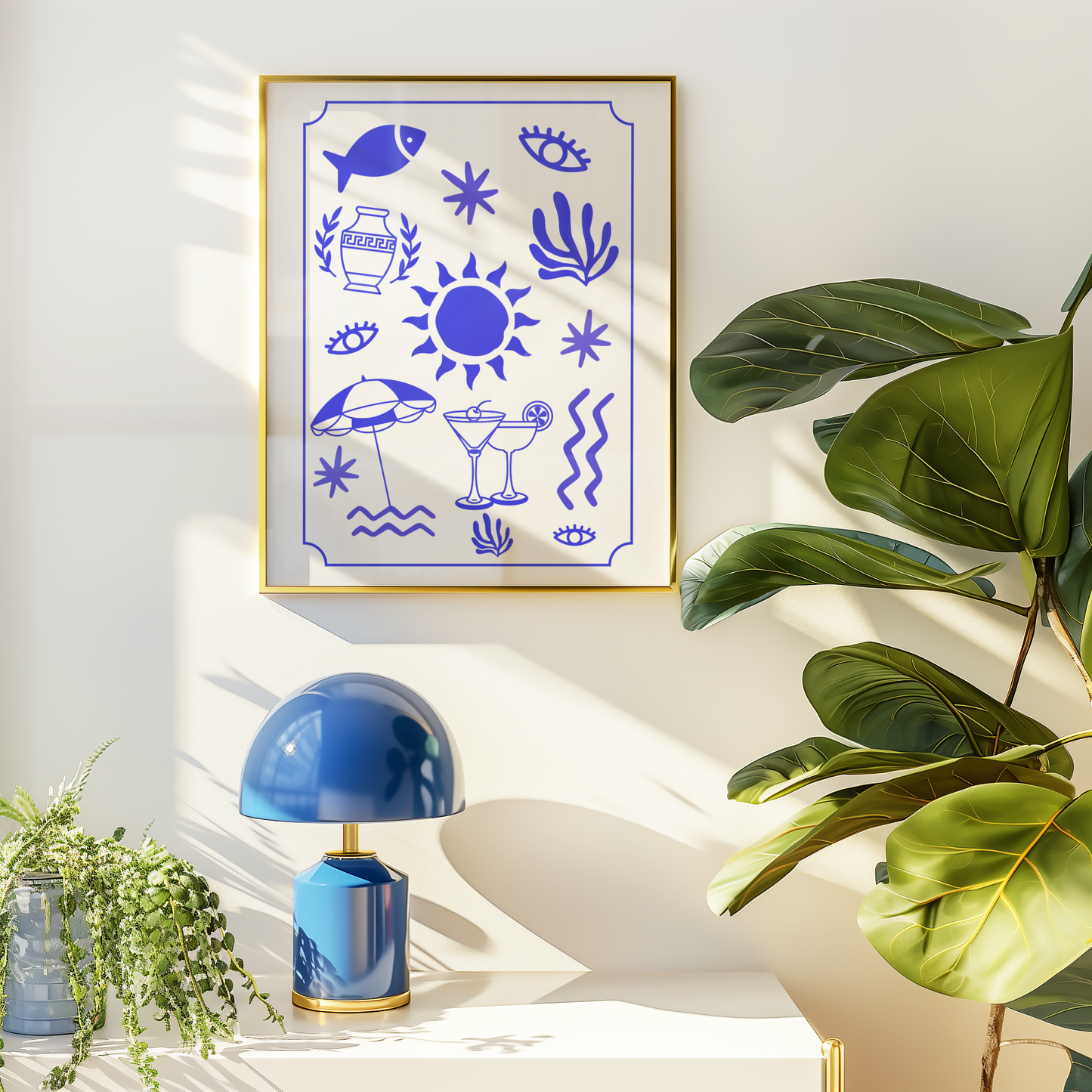 Greek Inspired Summer Motifs Print (Blue and White)