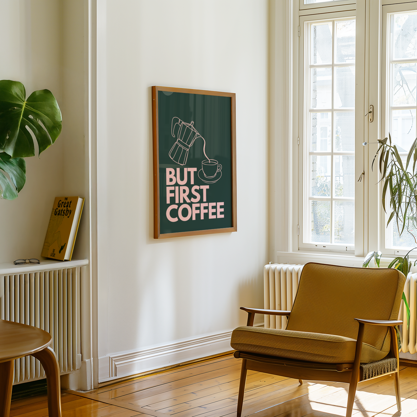 But First Coffee Print (Dark Green and Pink)