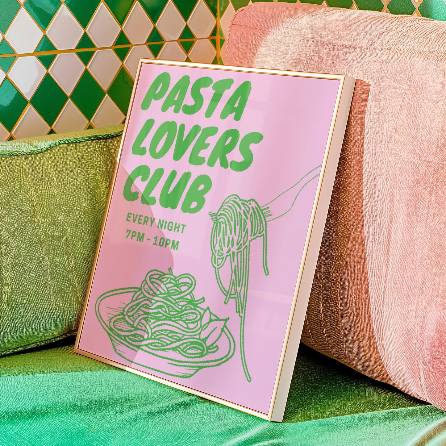 Calling all pasta enthusiasts! Indulge in this fun high-quality digital wall art showcasing an illustrated bowl of spaghetti and a fork. Don't miss out on joining the Pasta Lovers Club meeting every night from 7pm to 10pm. üçù