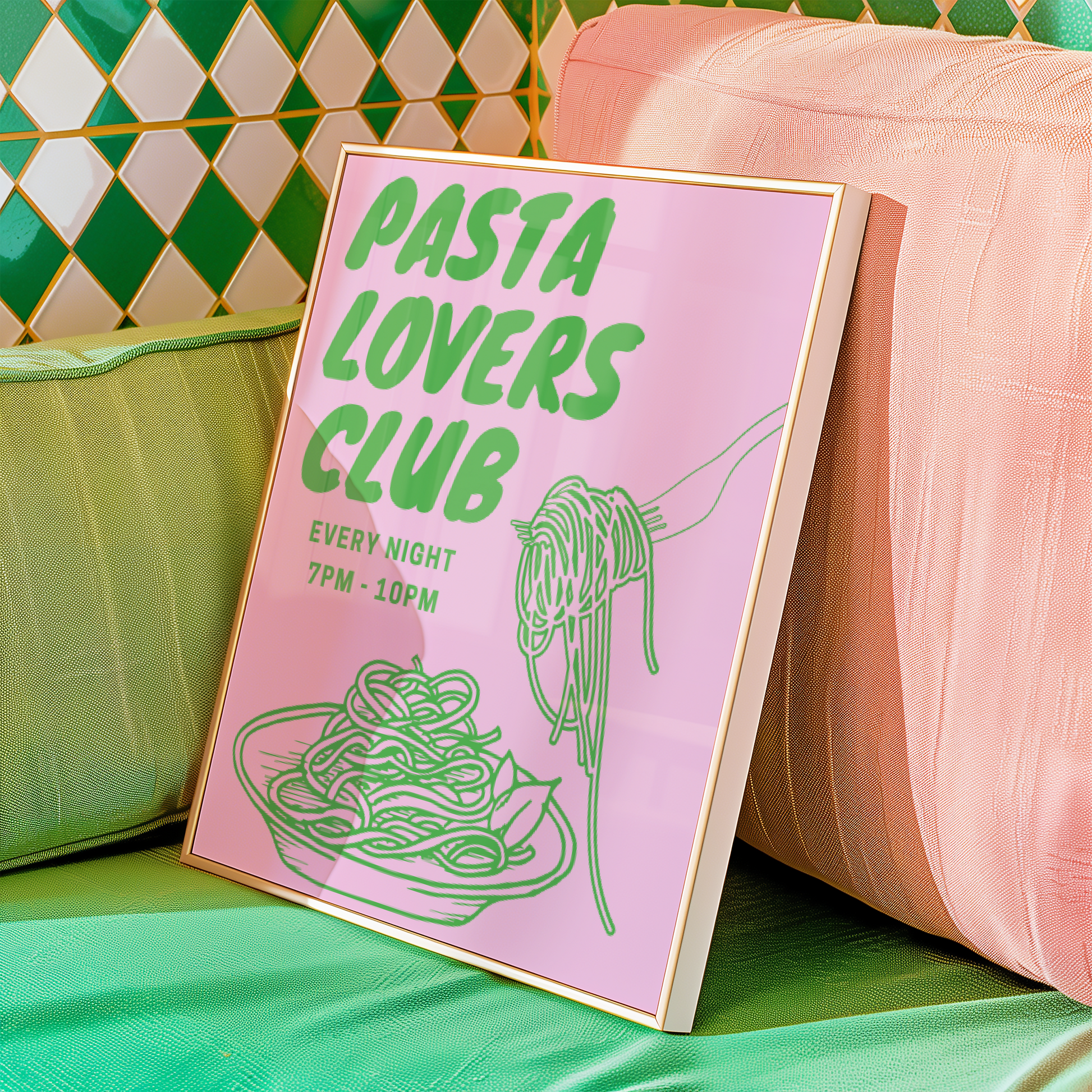 Calling all pasta enthusiasts! Indulge in this fun high-quality digital wall art showcasing an illustrated bowl of spaghetti and a fork. Don't miss out on joining the Pasta Lovers Club meeting every night from 7pm to 10pm. üçù