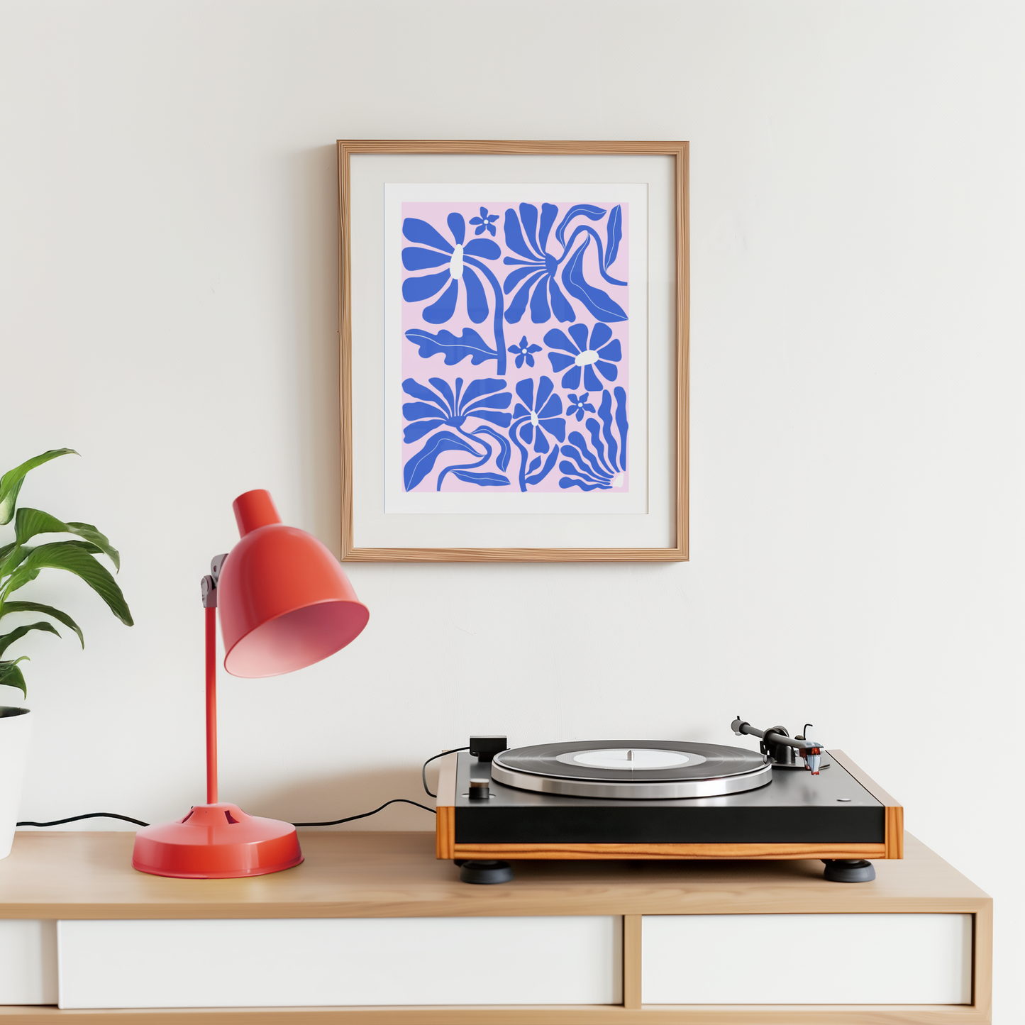Retro Abstract Flower Botanical Poster Print (Pink and Blue)