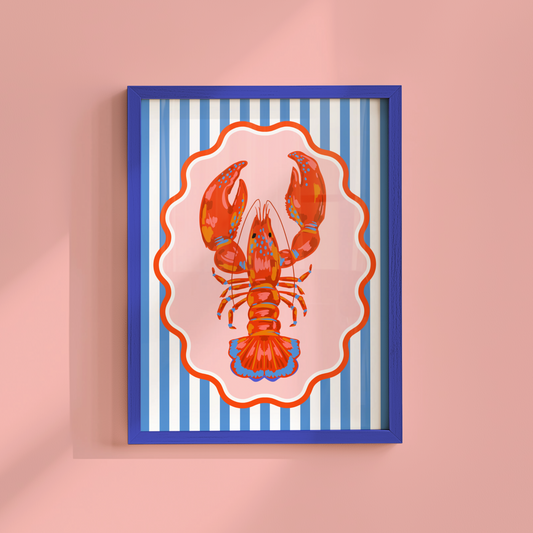 Red Lobster on Nautical Stripes Poster Print