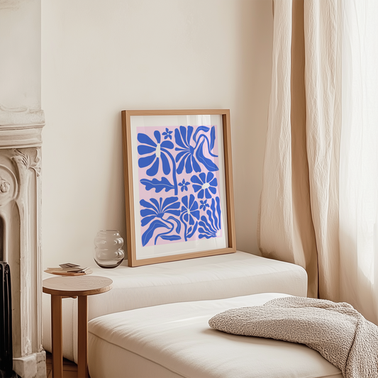 Retro Abstract Flower Botanical Poster Print (Pink and Blue)