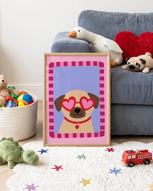 Pug with Love Heart Sunglasses Poster Print