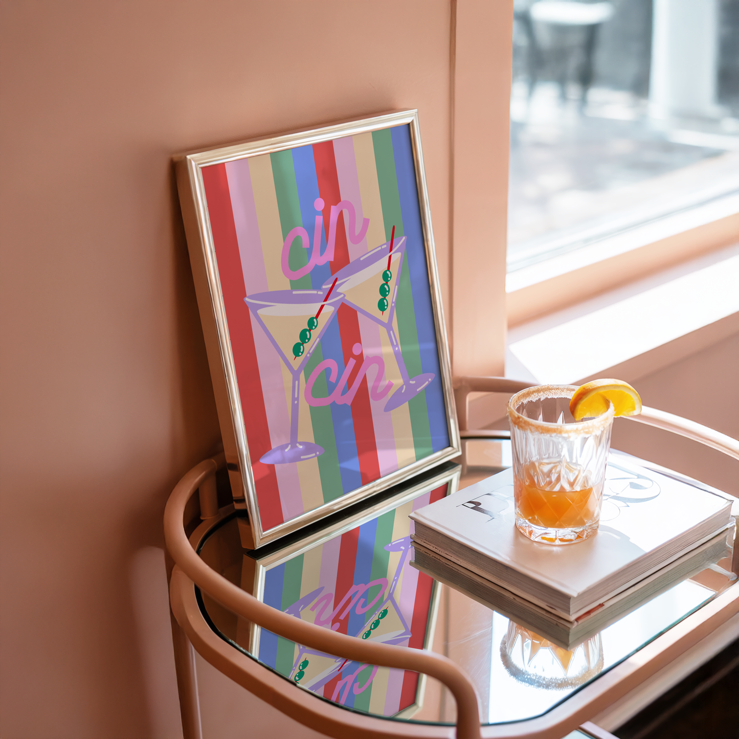 Cin Cin Cocktail Poster on Striped Background Poster Print