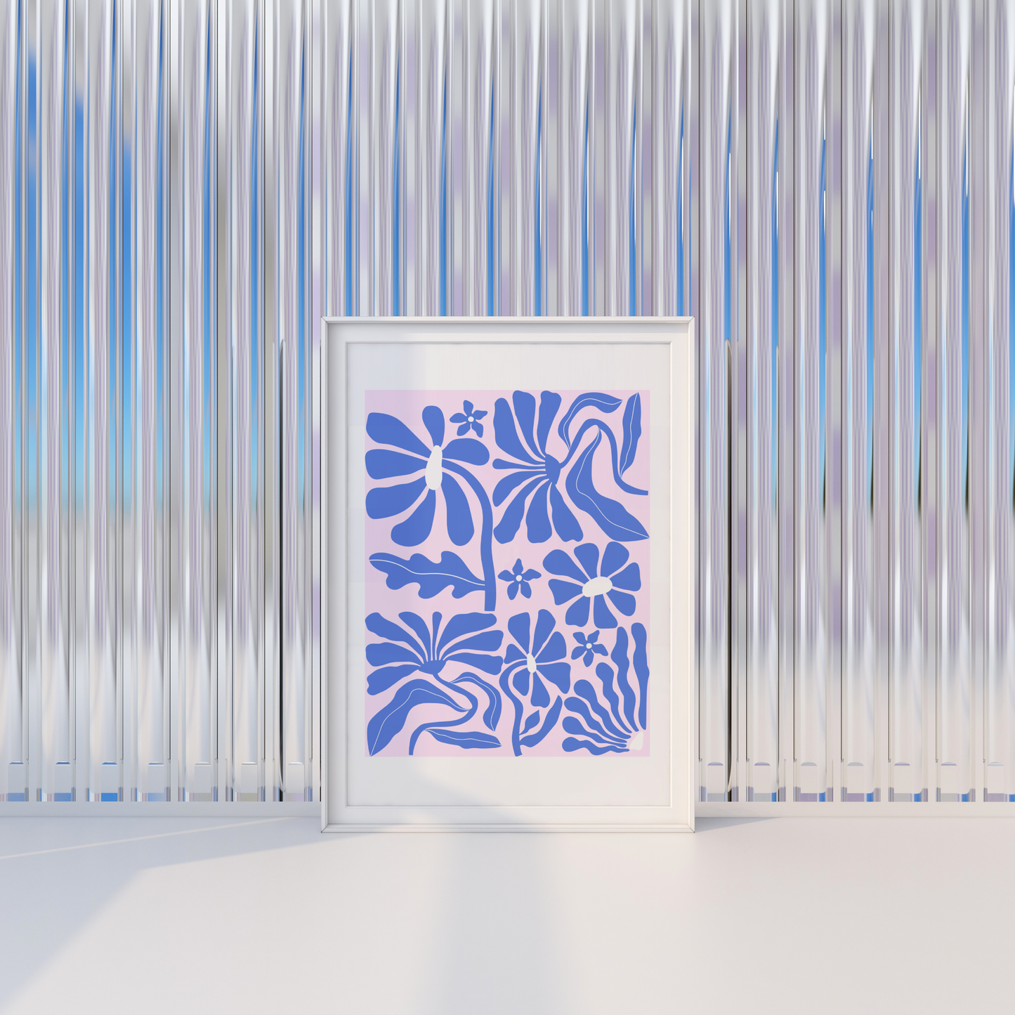 Retro Abstract Flower Botanical Poster Print (Pink and Blue)