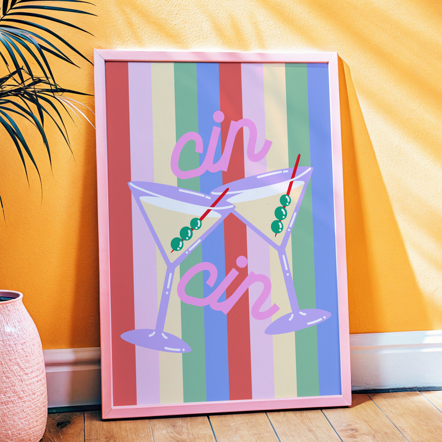 Cin Cin Cocktail Poster on Striped Background Poster Print