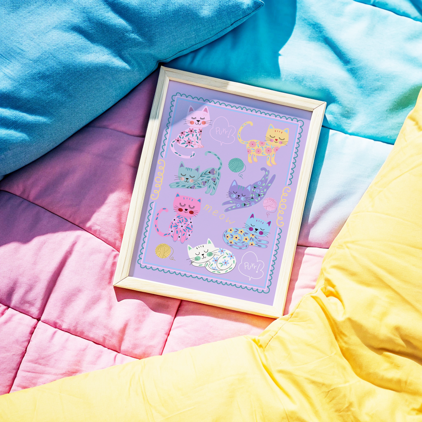 Sleepy Flower Cats Poster Print