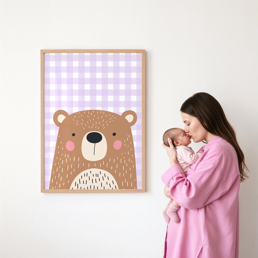 Cute Bear on Gingham Poster Print