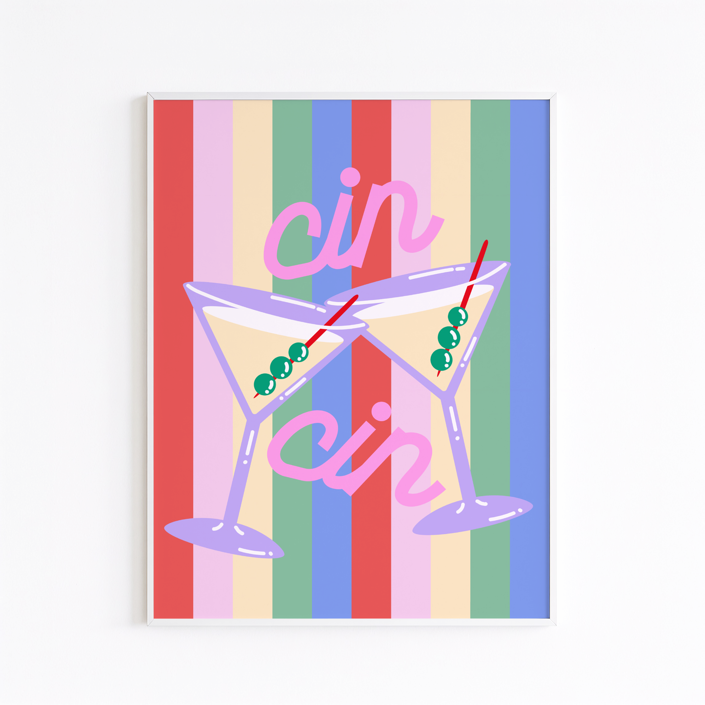 Cin Cin Cocktail Poster on Striped Background Poster Print