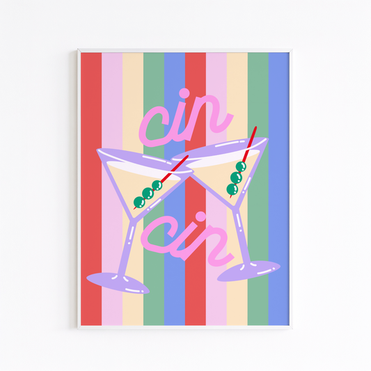 Cin Cin Cocktail Poster on Striped Background Poster Print