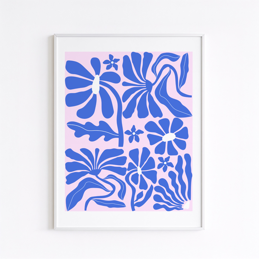 Retro Abstract Flower Botanical Poster Print (Pink and Blue)