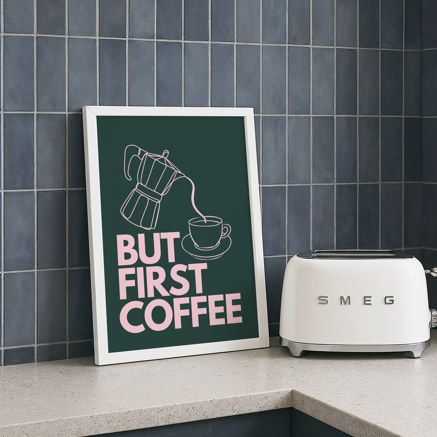 But First Coffee Print (Dark Green and Pink)