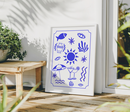 Greek Inspired Summer Motifs Print (Blue and White)