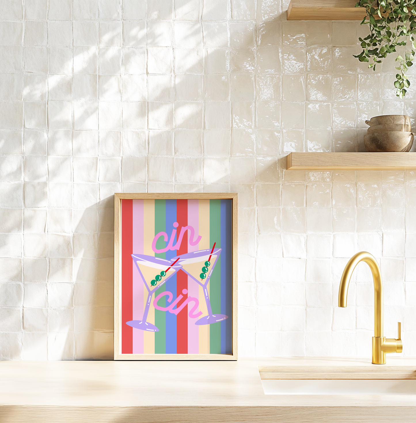Cin Cin Cocktail Poster on Striped Background Poster Print