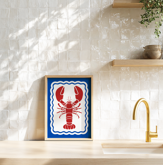 Red Lobster Poster Print (Blue Background)
