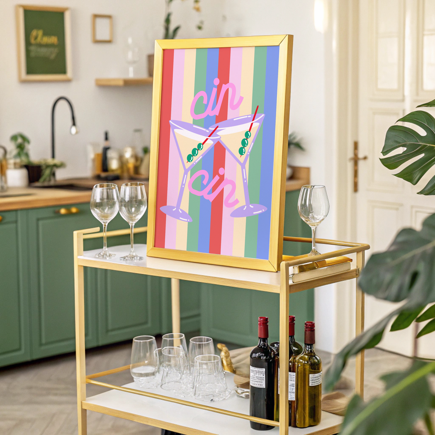 Cin Cin Cocktail Poster on Striped Background Poster Print