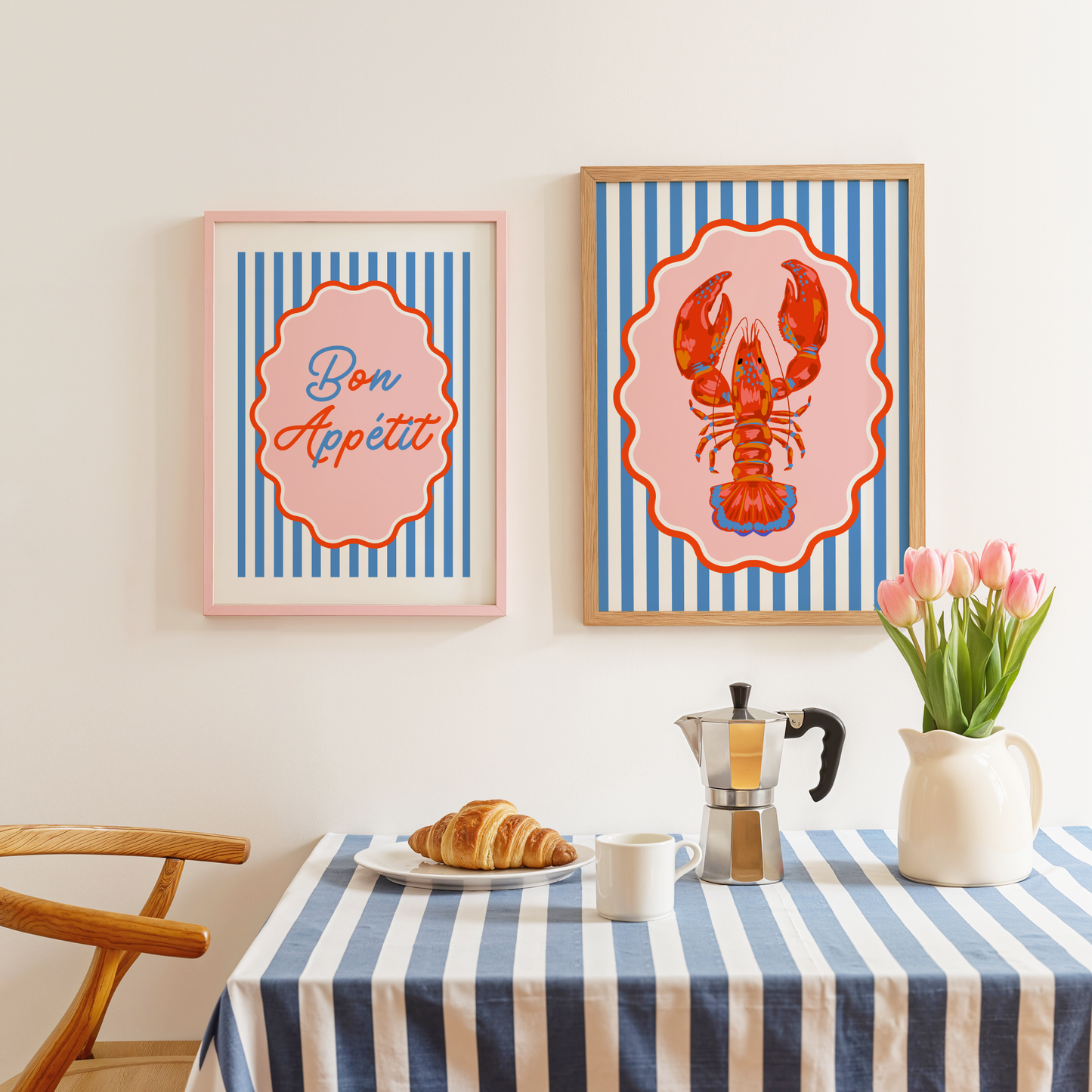 Red Lobster on Nautical Stripes Poster Print