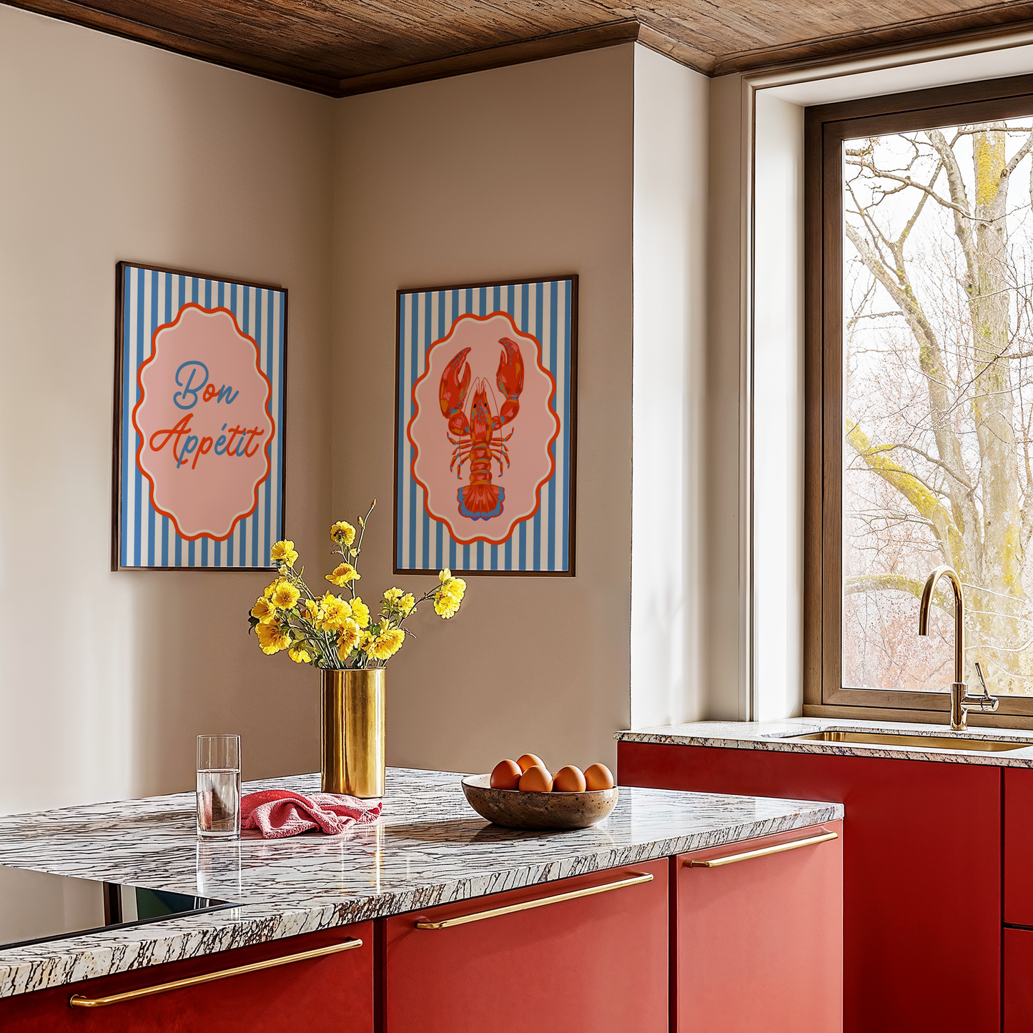 Red Lobster on Nautical Stripes Poster Print