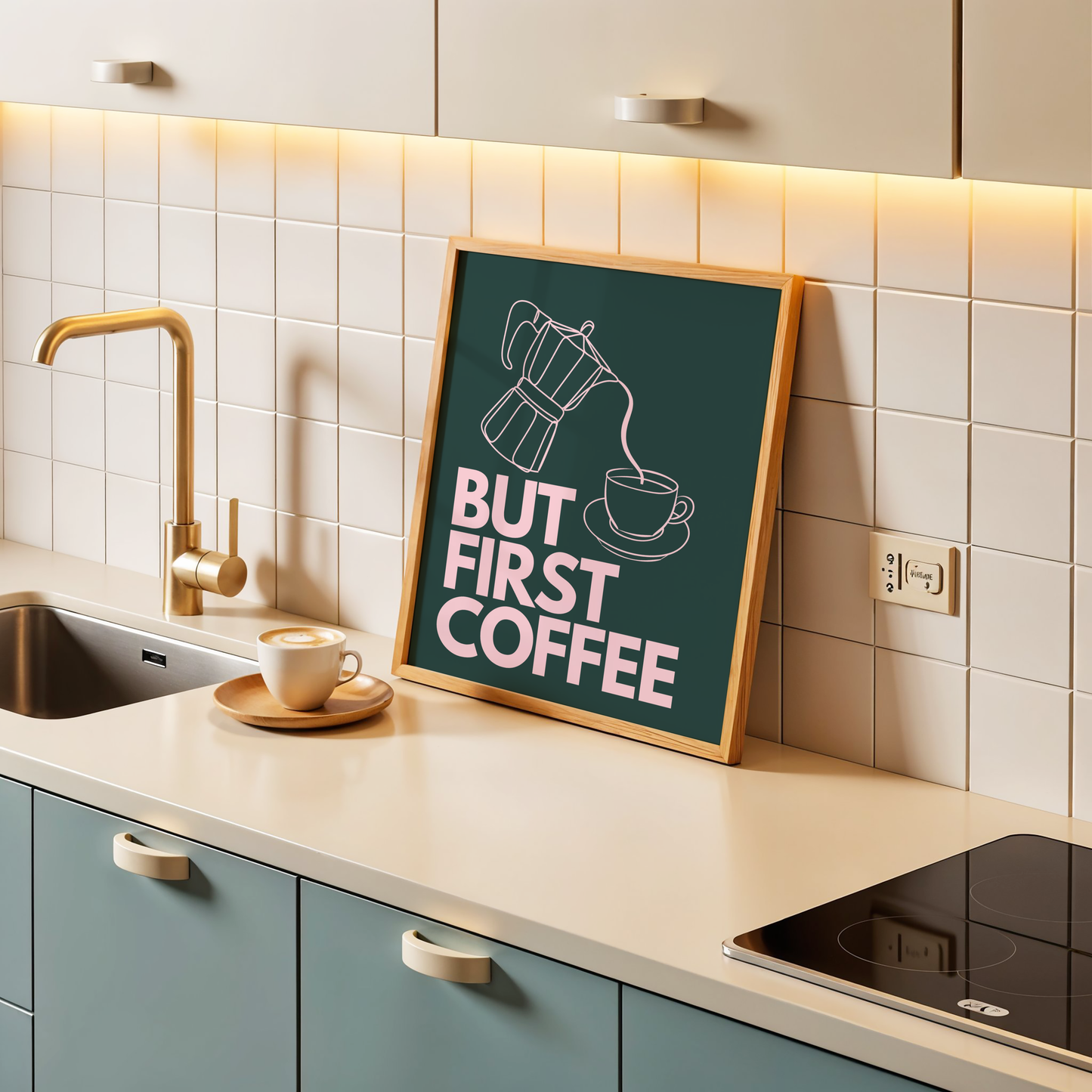 But First Coffee Print (Dark Green and Pink)