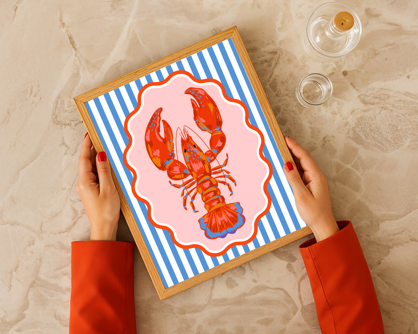 Red Lobster on Nautical Stripes Poster Print