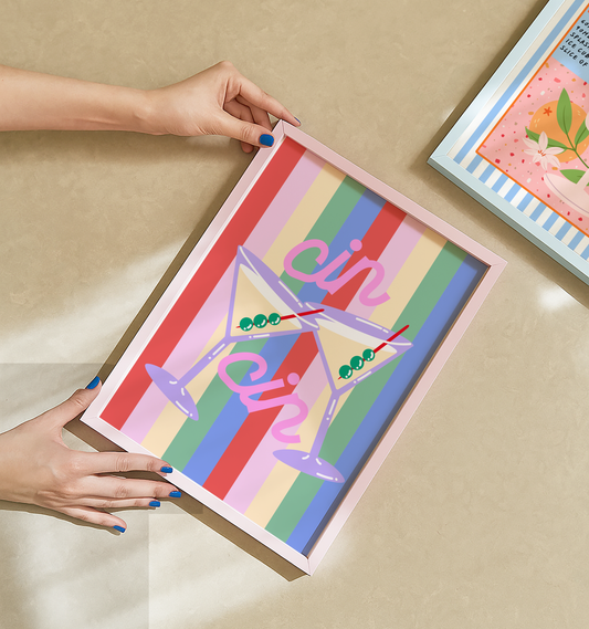 Cin Cin Cocktail Poster on Striped Background Poster Print