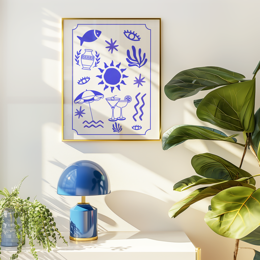 Greek Inspired Summer Motifs Print (Blue and White)
