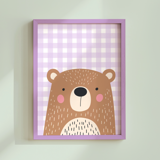 Cute Bear on Gingham Poster Print
