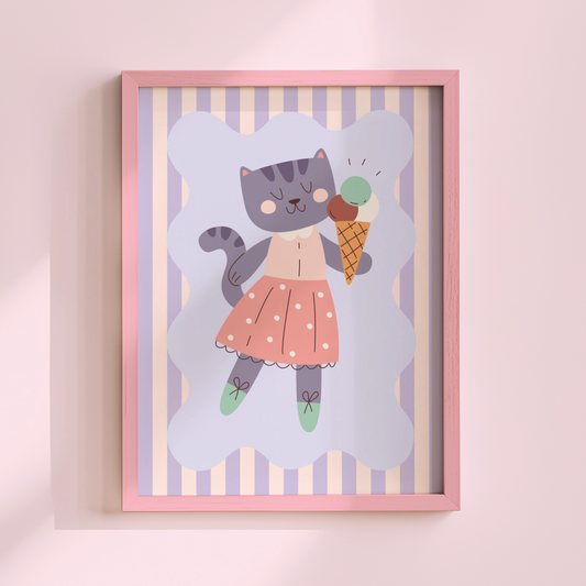 Cat Eating Ice Cream Poster Print