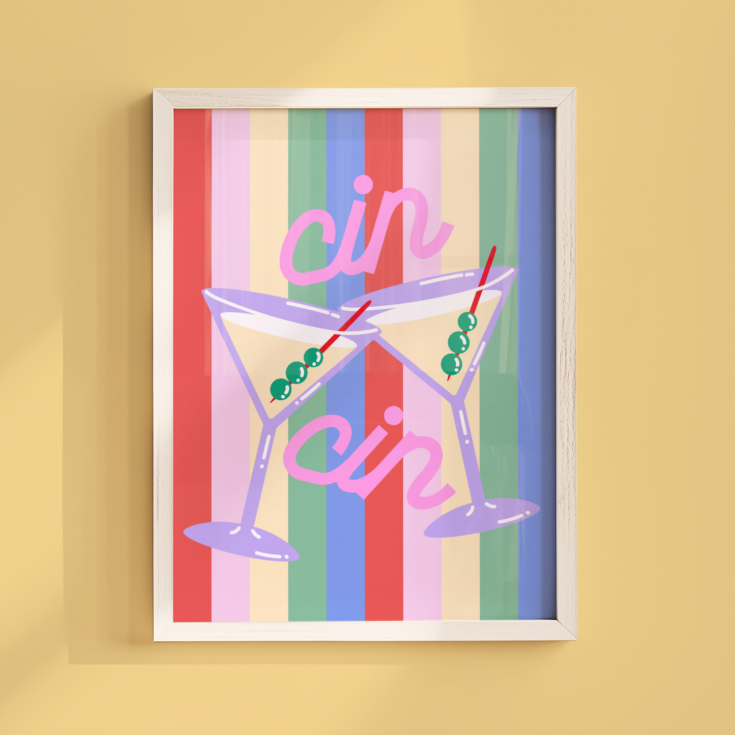 Cin Cin Cocktail Poster on Striped Background Poster Print