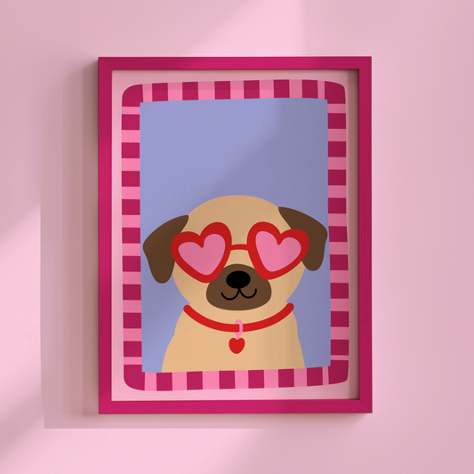 Pug with Love Heart Sunglasses Poster Print
