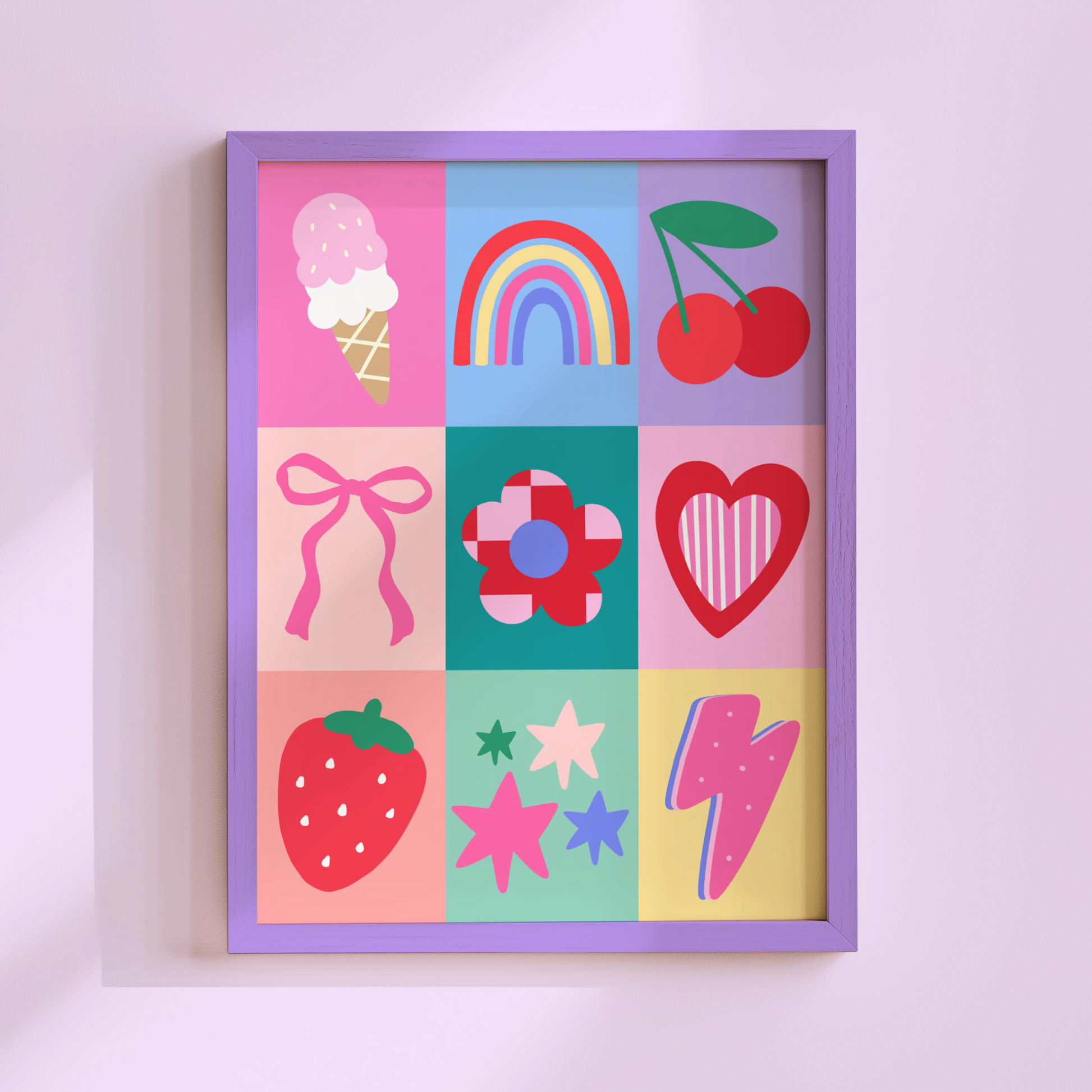artwork with cute illustrations on a colourful patchwork background.