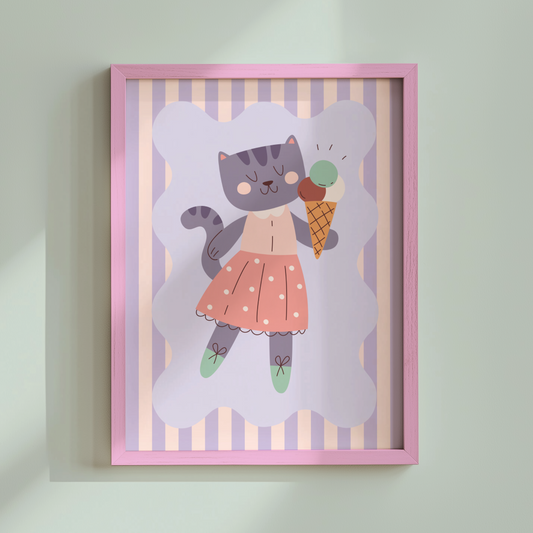 Cat Eating Ice Cream Poster Print