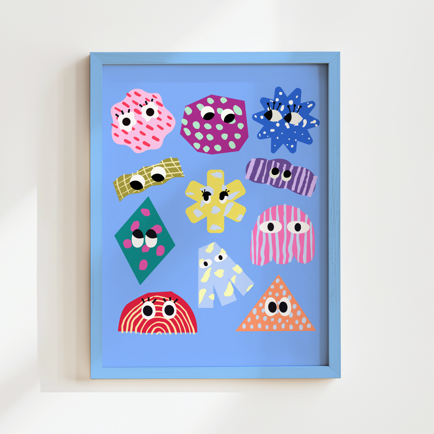 artwork with colorful geometric shapes on a light blue background