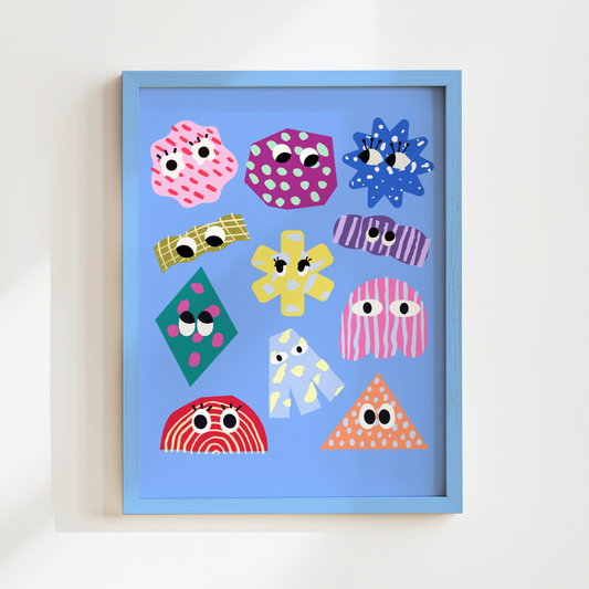 artwork with colorful geometric shapes on a light blue background