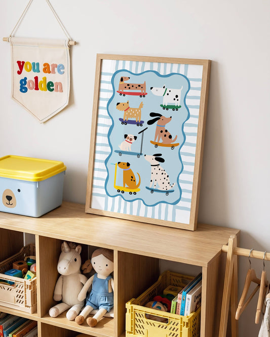 Dogs On Wheels (Blue) Poster Print