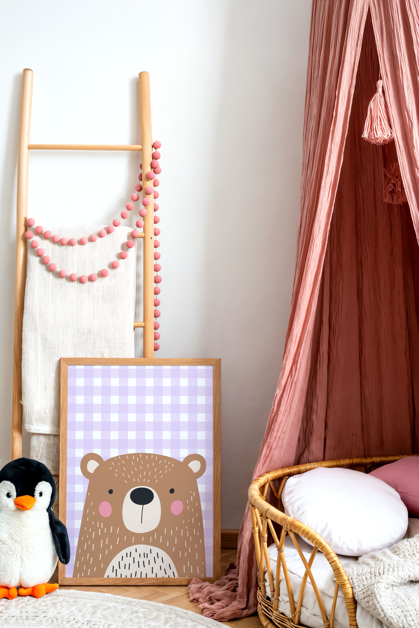 Cute Bear on Gingham Poster Print