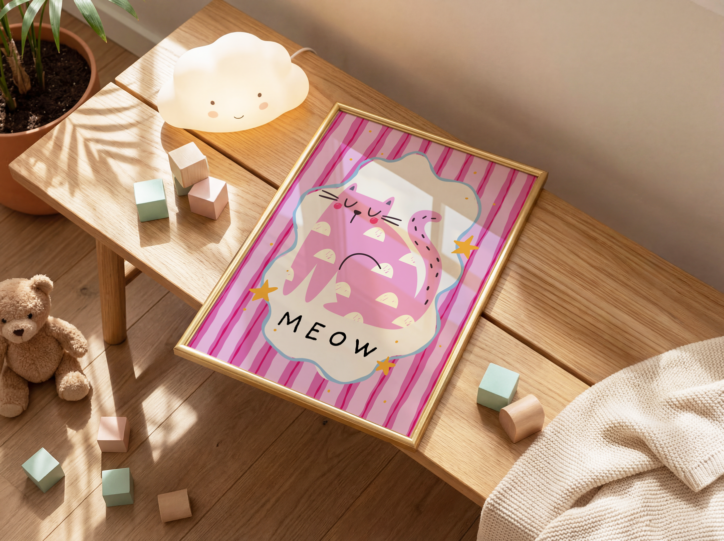 Pink 'Meow' Cat Poster Print