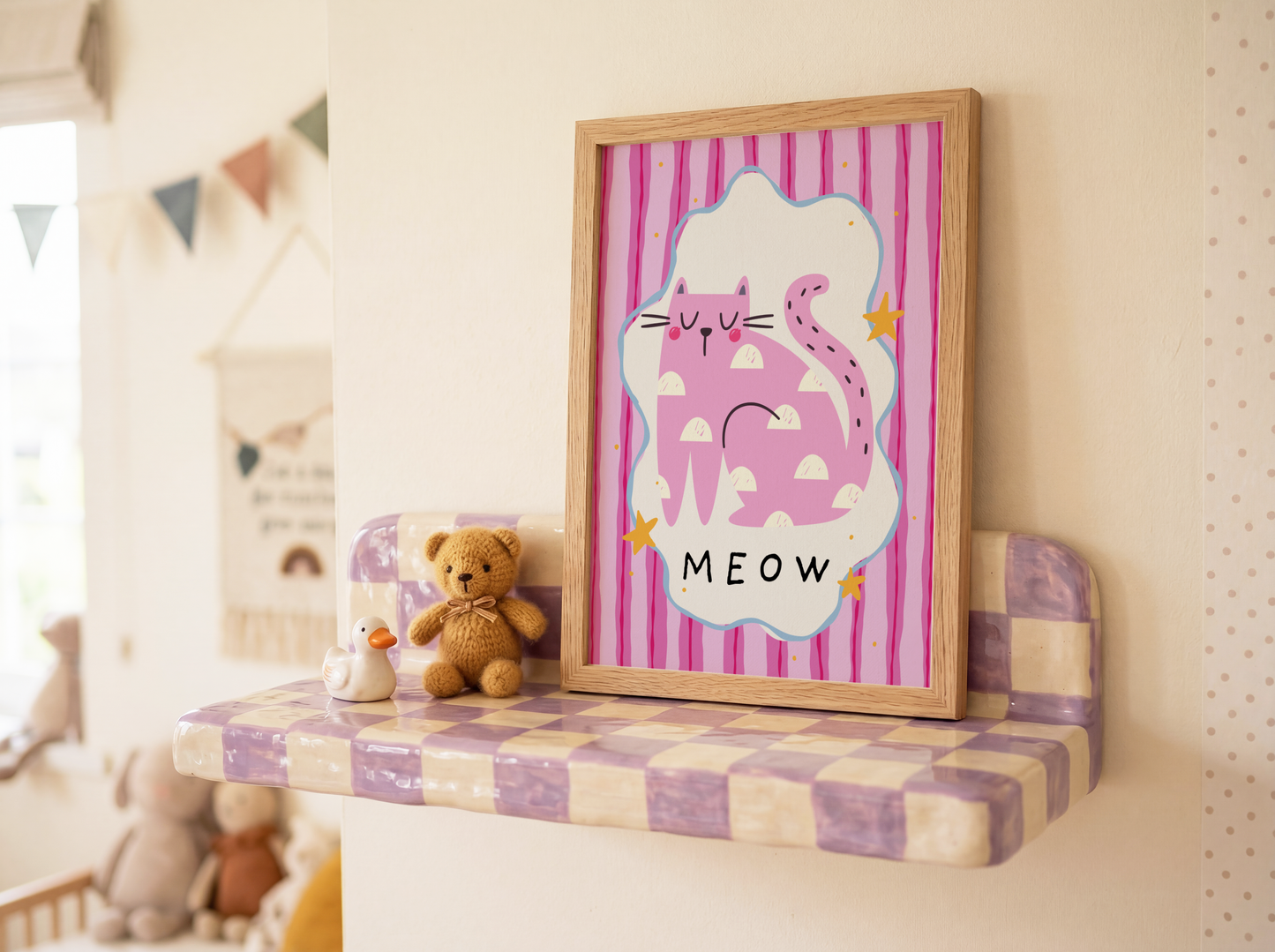 Pink 'Meow' Cat Poster Print