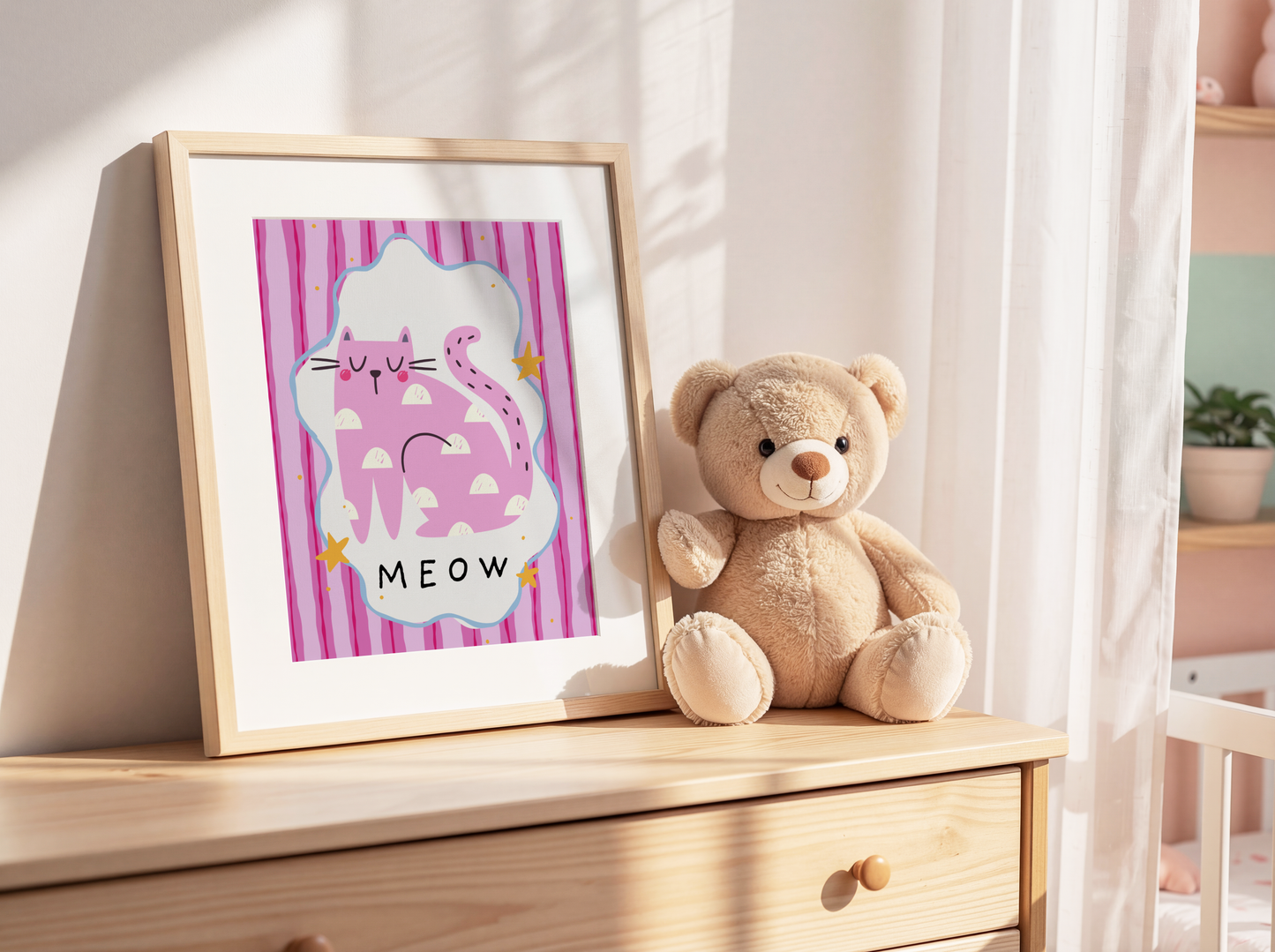 Pink 'Meow' Cat Poster Print