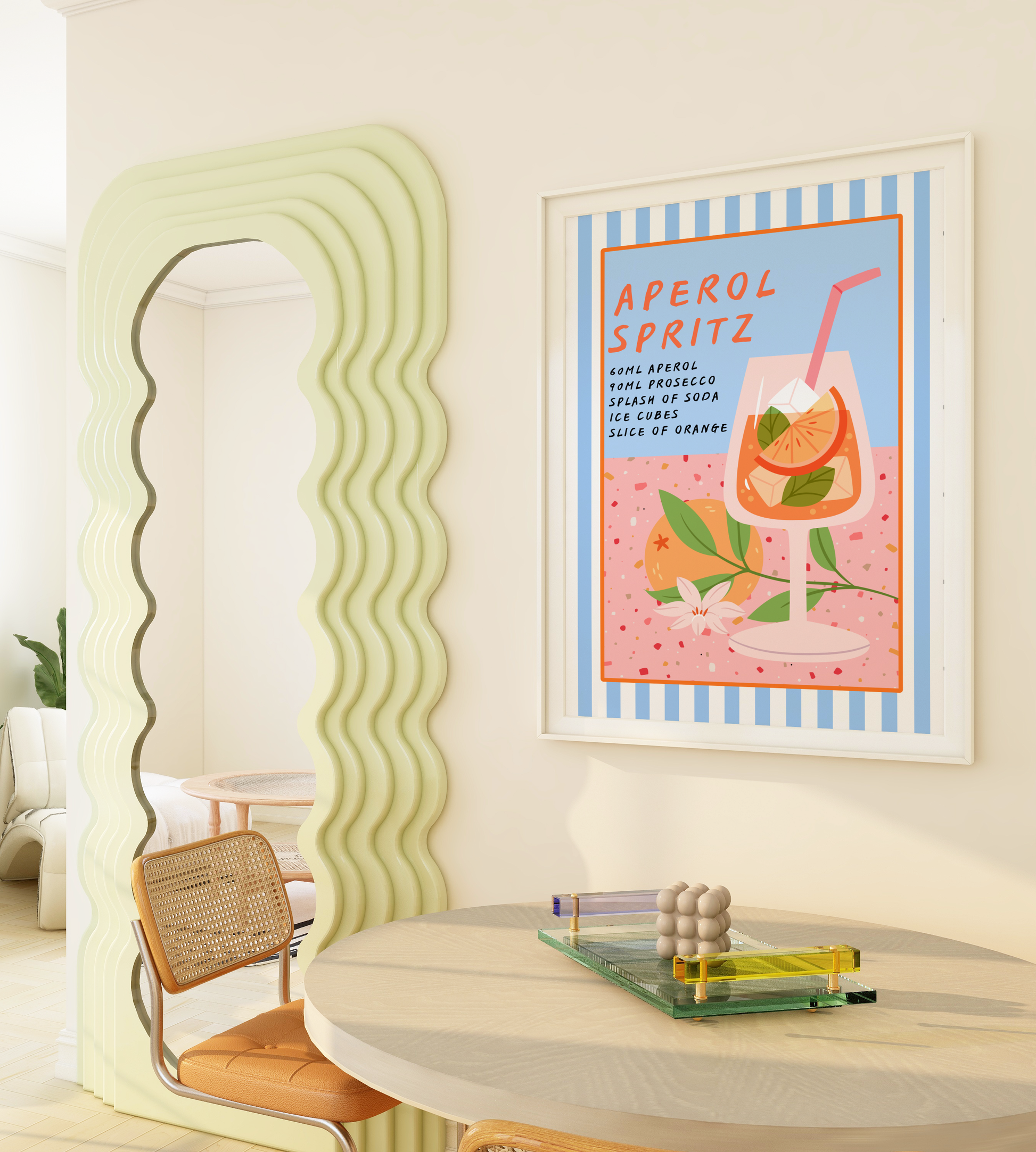 Framed poster of a cocktail with a striped border in a room with a wavy mirror and chair.