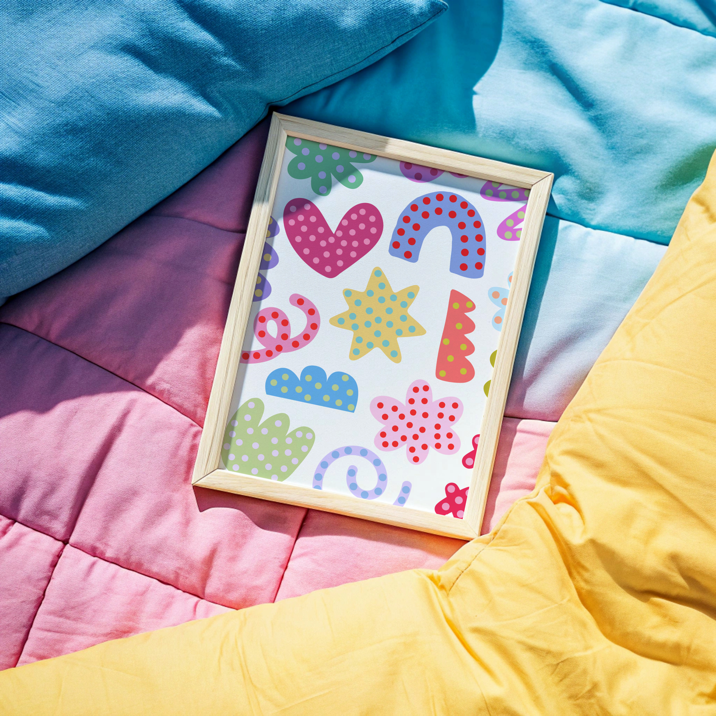 Colourful Abstract Shapes with Polkadots Poster Print