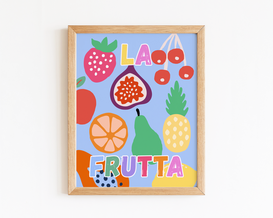 Framed children's poster with colorful fruit illustrations and 'Lola Frutta' text on a white background