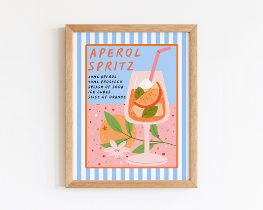 Framed artwork of an Aperol Spritz recipe on a striped background