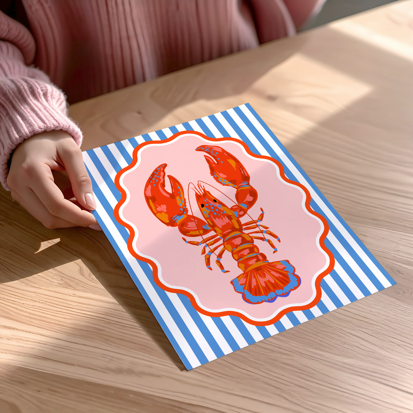 Red Lobster on Nautical Stripes Poster Print