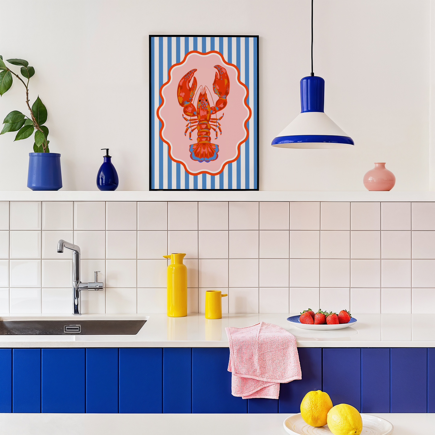 Red Lobster on Nautical Stripes Poster Print
