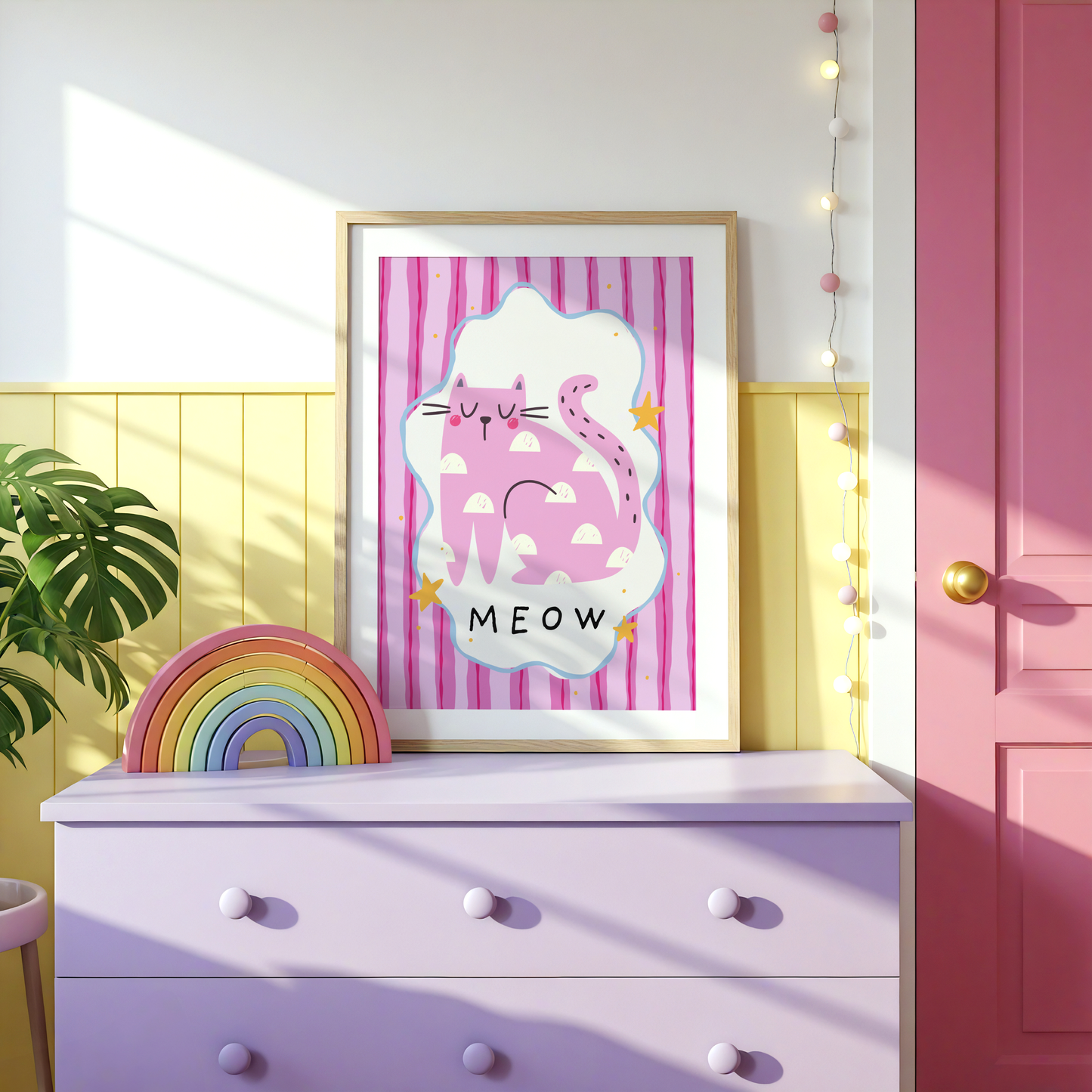 Pink 'Meow' Cat Poster Print