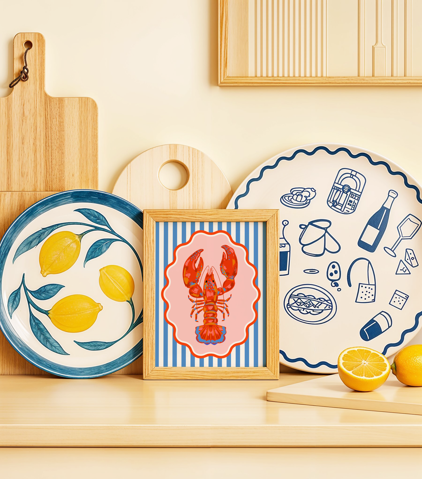 Red Lobster on Nautical Stripes Poster Print